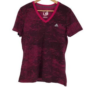 Adidas Burgundy & pink Striped Climalite Short Sleeve V-neck T  shirt size L